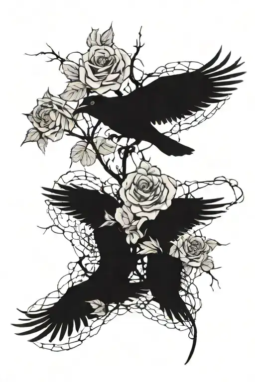 Rose Bush Wrapping With Barb Wire Wrapping And Crows Flying Around