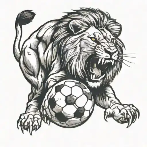 An Injured Lion Roaring While Keeping Its Feet Underneath A Soccer Ball