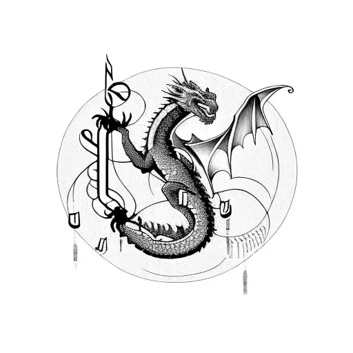 A Dragon Surrounded By Musical Notes In A Dotwork Style