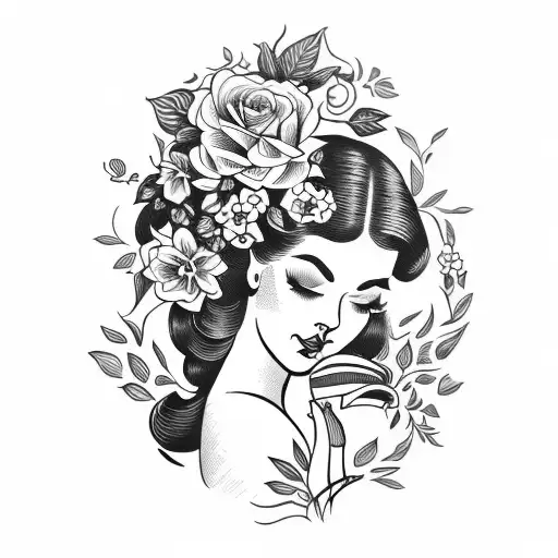 Vintage Floral Lady Profile Reading An Opened Book Surrounded By Bold Floral Frame