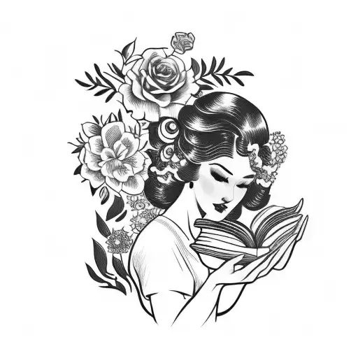 Vintage Floral Lady Profile Reading An Opened Book Surrounded By Bold Floral Frame
