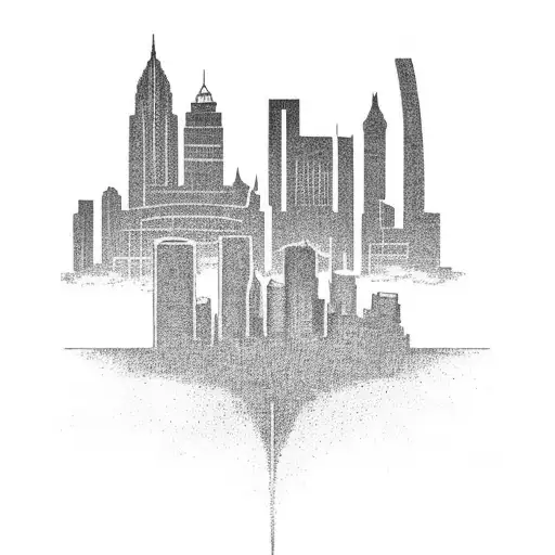 A Detailed Blackwork Tattoo Of The Kansas City Skyline At Sunset