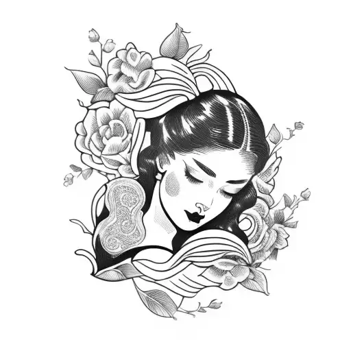 Vintage Floral Lady Profile Reading An Opened Book Surrounded By Bold Floral Frame