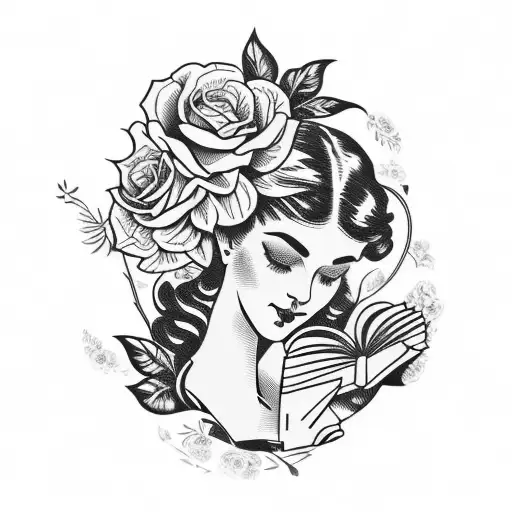 Vintage Floral Lady Profile Reading An Opened Book Surrounded By Bold Floral Frame