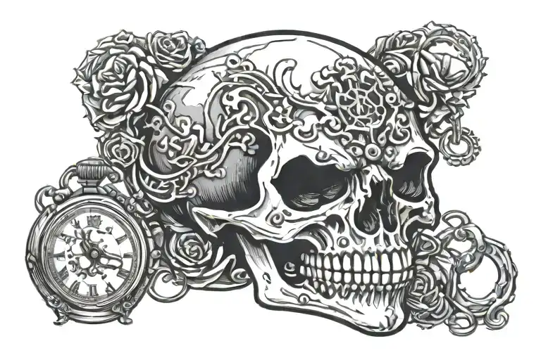 Full Skull Mouth Open With Pocket Watch In Mouth