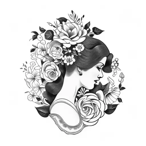 Vintage Floral Lady Profile Reading An Opened Book Surrounded By Bold Floral Frame