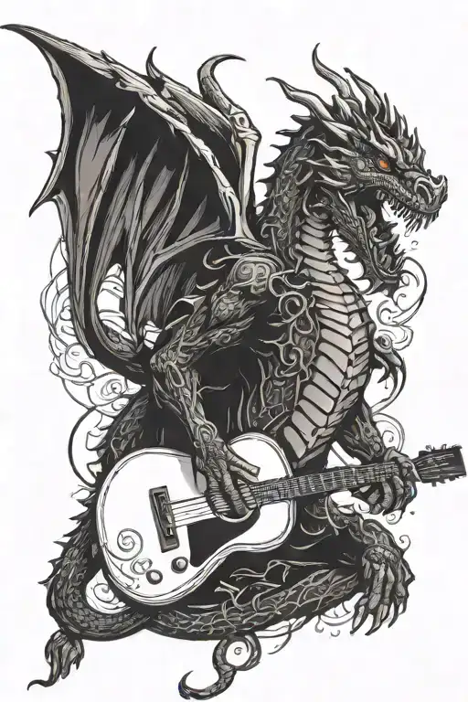 A Dragon Playing A Guitar Art Style Tattoo Inspired