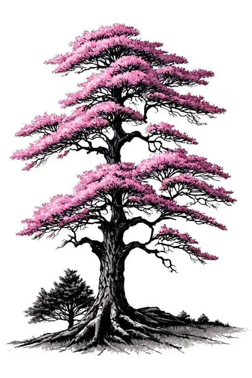 Tall Pine Tree With 2 Redbud Trees Behind It
