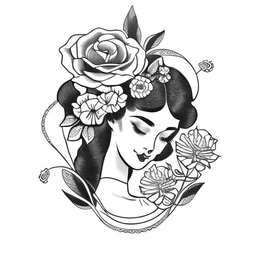 Vintage Floral Lady Profile Reading An Opened Book Surrounded By Bold Floral Frame