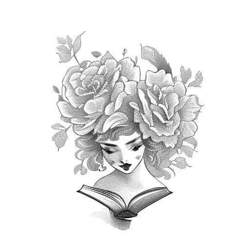 Vintage Floral Lady Profile Reading An Opened Book Surrounded By Bold Floral Frame