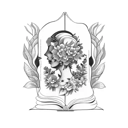 Vintage Floral Lady Profile Reading An Opened Book Surrounded By Bold Floral Frame