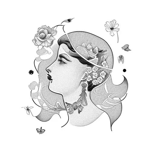 Vintage Lady Head Profile With Open Page Book Surrounded By Florals