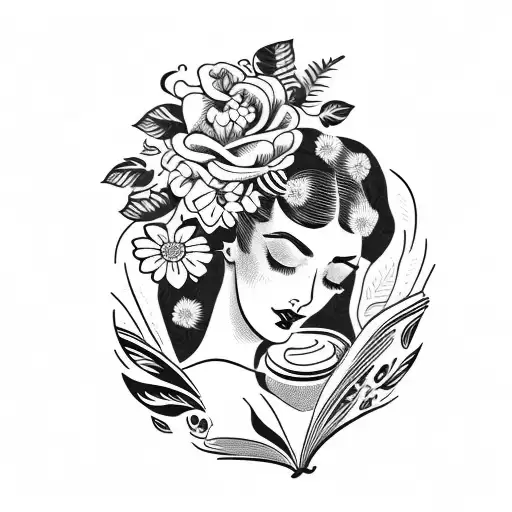 Vintage Floral Lady Profile Reading An Opened Book Surrounded By Bold Floral Frame