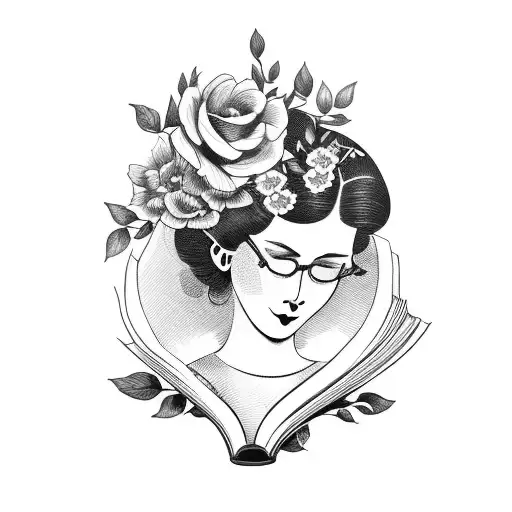 Vintage Floral Lady Profile Reading An Opened Book Surrounded By Bold Floral Frame