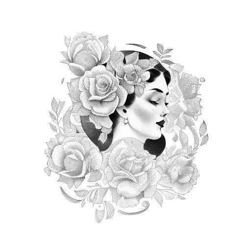 Vintage Floral Lady Profile Reading An Opened Book Surrounded By Bold Floral Frame