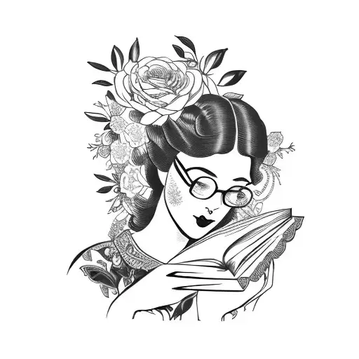 Vintage Floral Lady Profile Reading An Opened Book Surrounded By Bold Floral Frame