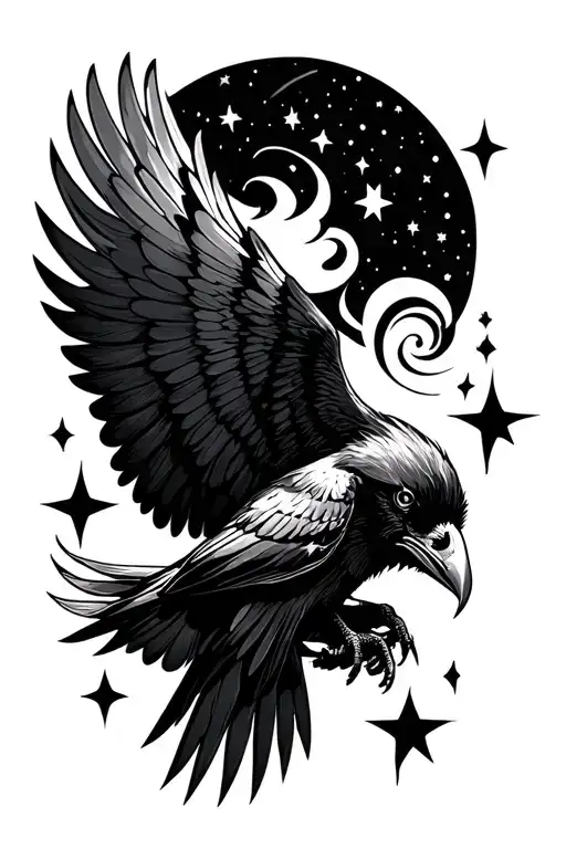 Flying Raven And Stars