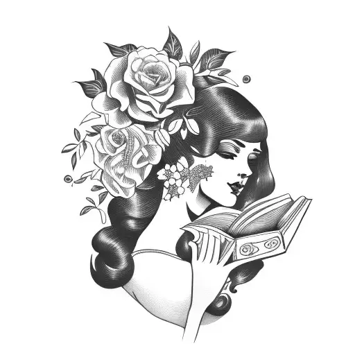 Vintage Floral Lady Profile Reading An Opened Book Surrounded By Bold Floral Frame