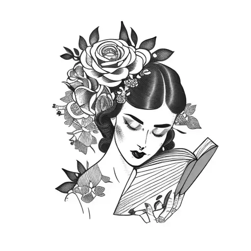 Vintage Floral Lady Profile Reading An Opened Book Surrounded By Bold Floral Frame