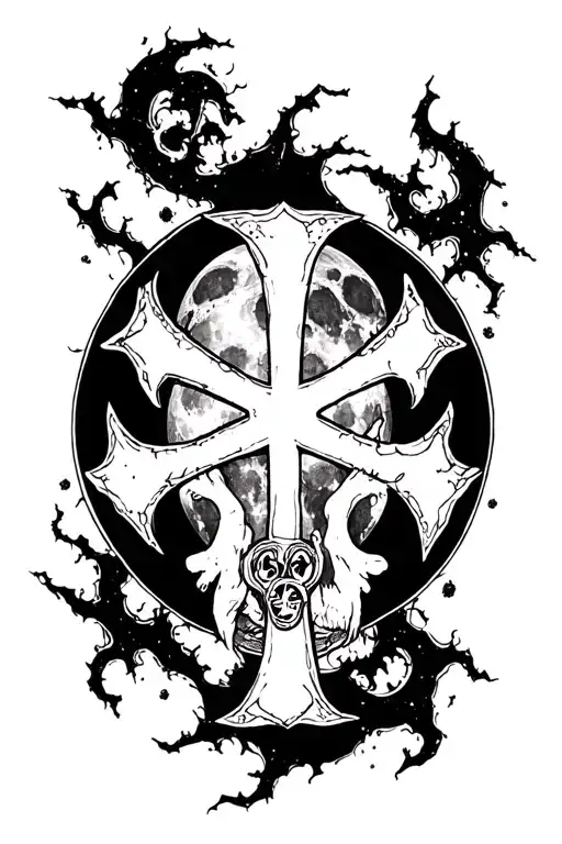 Horror Moon With Inverted Cross And 666