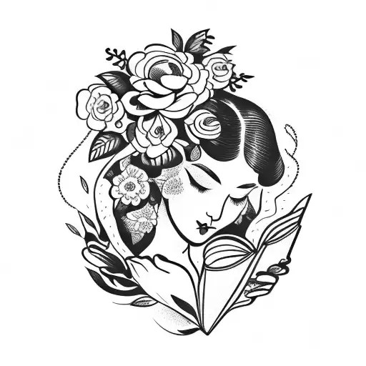 Vintage Floral Lady Profile Reading An Opened Book Surrounded By Bold Floral Frame