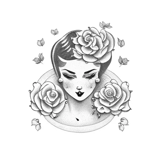 Vintage Lady Profile With An Opened Book Surrounded By Florals