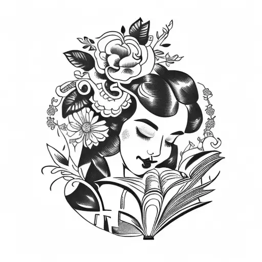 Vintage Floral Lady Profile Reading An Opened Book Surrounded By Bold Floral Frame