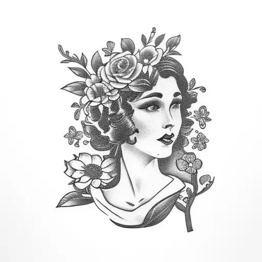 Vintage Floral Lady Profile Reading An Opened Book Surrounded By Bold Floral Frame