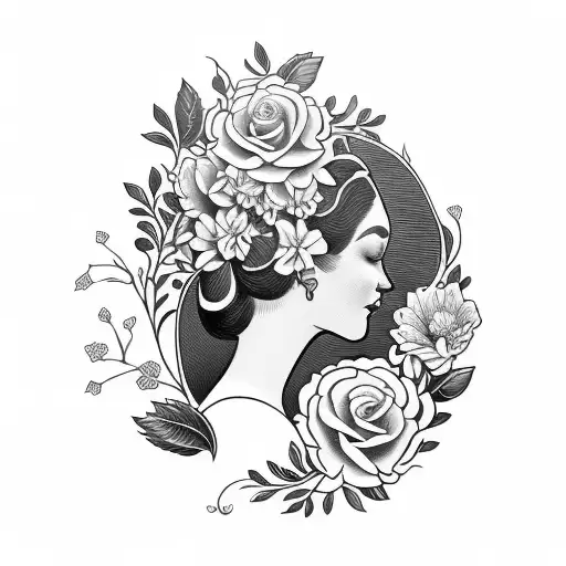 Vintage Floral Lady Profile Reading An Opened Book Surrounded By Bold Floral Frame