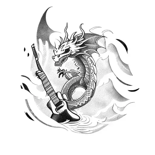 A Fierce Dragon Playing A Guitar On A Stormy Ocean Wave