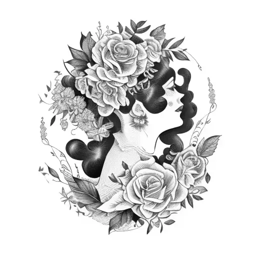 Vintage Floral Lady Profile Reading An Opened Book Surrounded By Bold Floral Frame