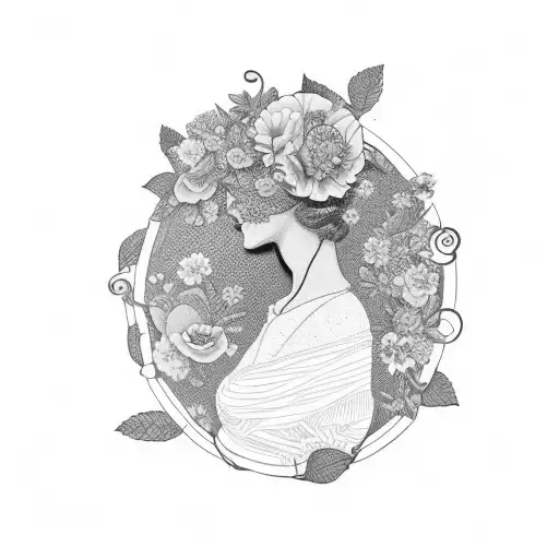 Vintage Floral Lady Profile Reading An Opened Book Surrounded By Bold Floral Frame