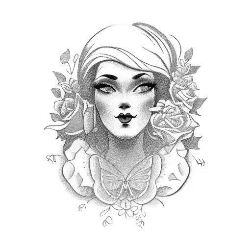 Vintage Lady Profile With An Opened Book Surrounded By Florals