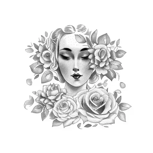 Vintage Floral Lady Profile Reading An Opened Book Surrounded By Bold Floral Frame