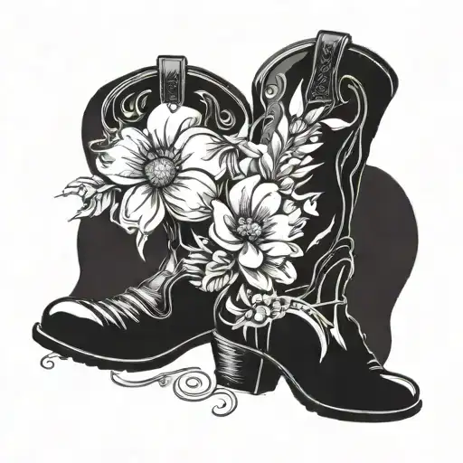Cowboy Boots With Flowers Coming Out The Top With Paw Prints