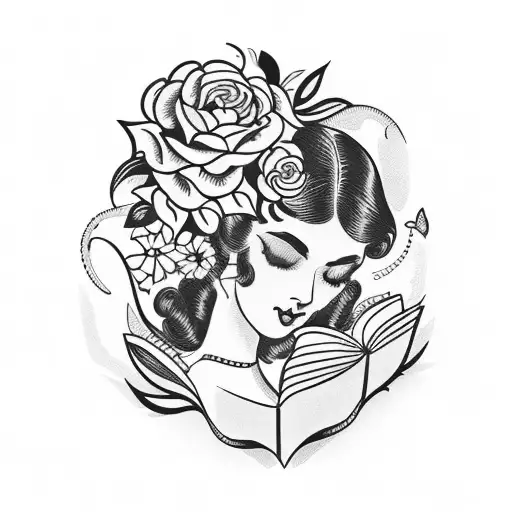 Vintage Floral Lady Profile Reading An Opened Book Surrounded By Bold Floral Frame
