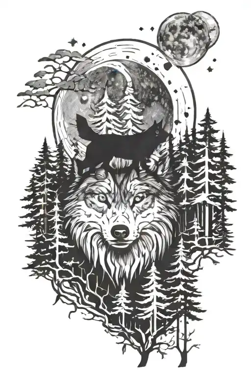 Wolf Forest And Moon
