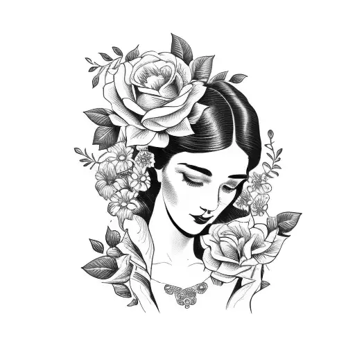 Vintage Floral Lady Profile Reading An Opened Book Surrounded By Bold Floral Frame