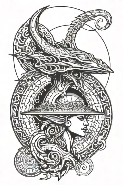 Stunning Sexy Feminine Alien Sacred Geometric Tattoo Stencil Drawn On White Paper