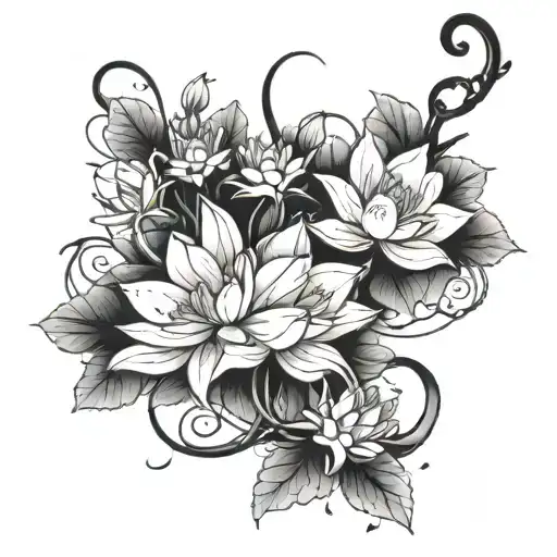 Long Vine Wrapping Around With Lilys And Lotus Growing