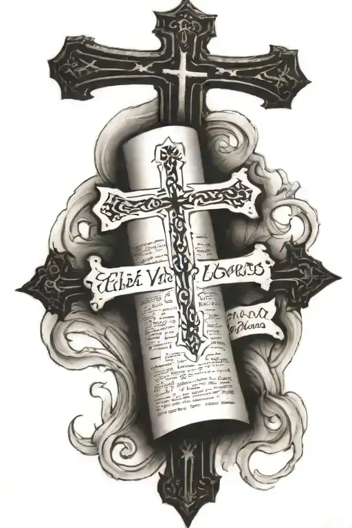 Burnt Scroll With A Cross And Bible Verses Flowing