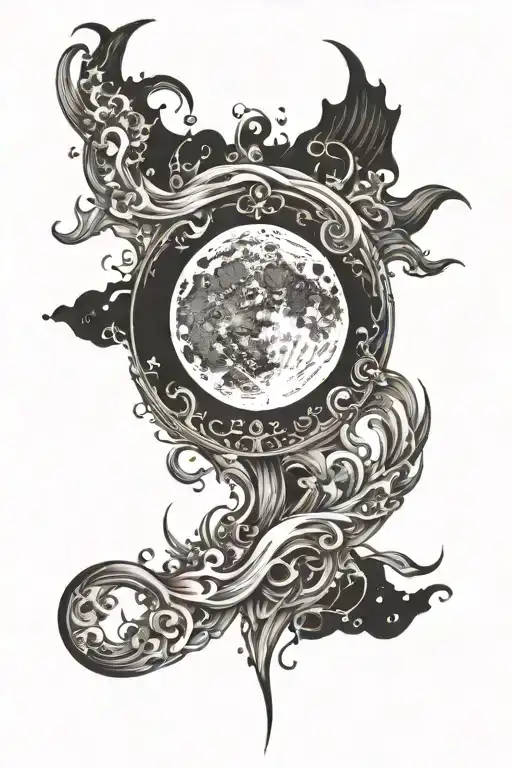 A Fluid Tattoo Style With A Moon In Te Middle