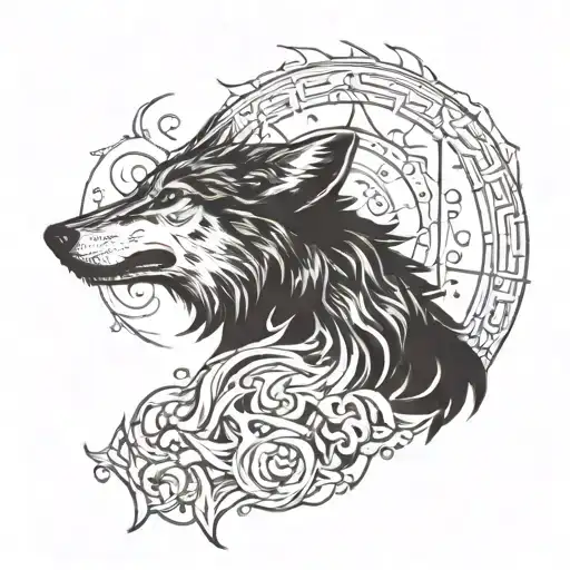 A Wolf With His Head Raised Stands In The Fire