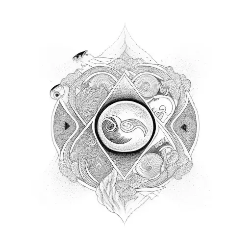 A Combination Of Nature And A Yin And Yang Symbol In Blackwork Style