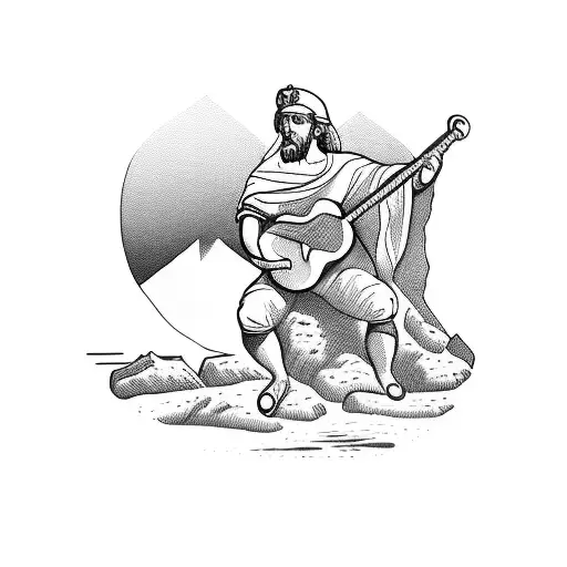 A Greek Statue Hiking Up A Mountain With A Guitar Strapped To Its Back