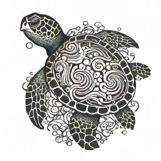An Intricate Design Featuring A Turtle Surrounded By Swirling Ocean Currents And Coral Reefs