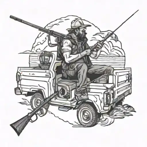 A Detailed Blackwork Tattoo Of A Hunter In A Chevy Truck With A Fishing Rod In Hand