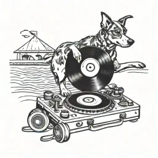 A Quirky Tattoo Of A Dog Dj Spinning Records On A Beach Party