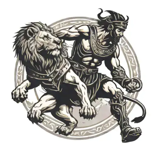 A Gladiator Fighting A Lion In An Ancient Roman Arena