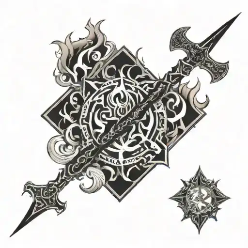 A Patchwork Trident Tattoo That Is A Little On Fire